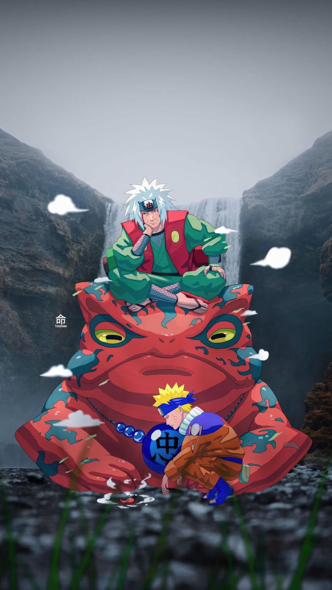 Jiraiya and Naruto Uzumaki sit atop a giant red toad beside a mountain waterfall with thick mist in the background.