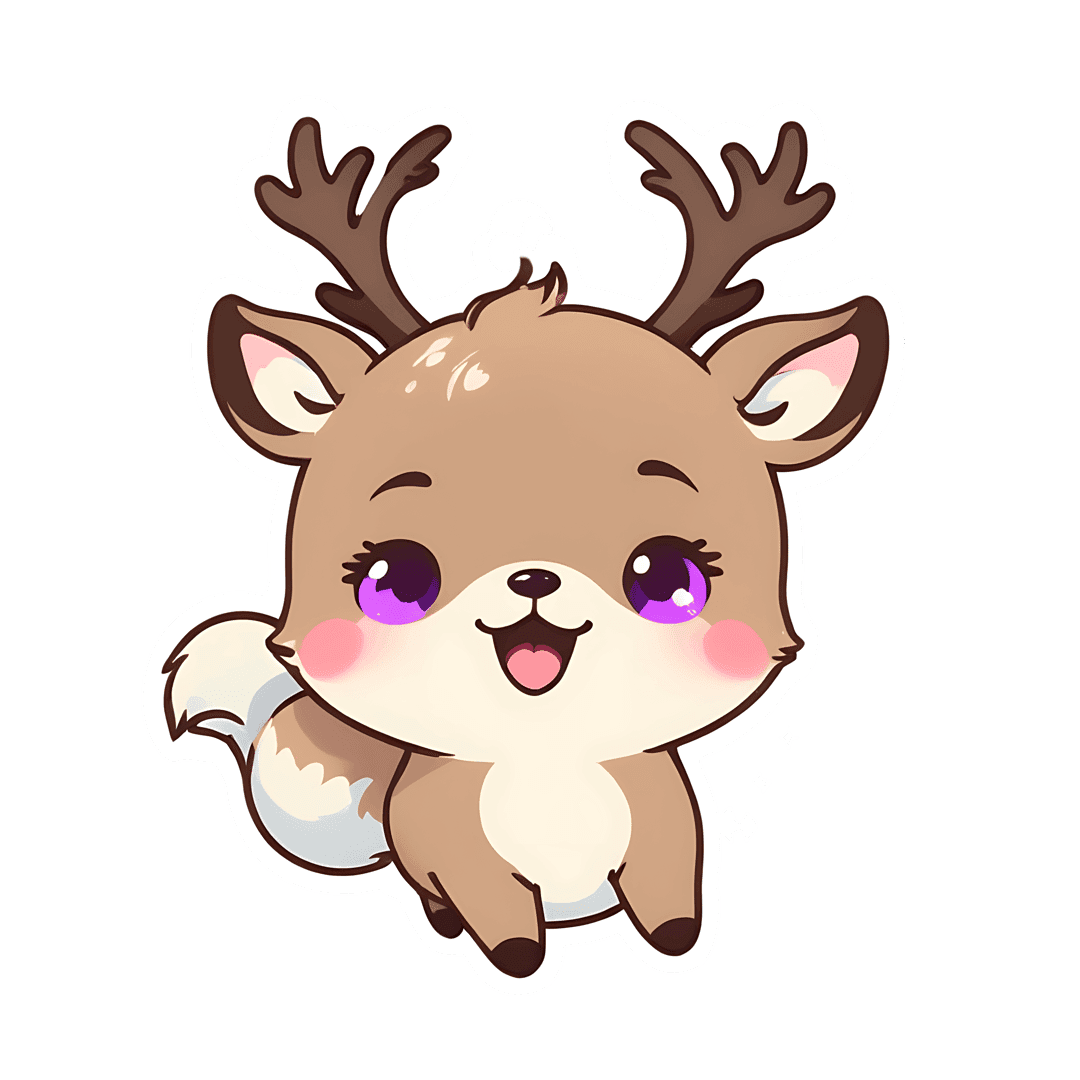 Brown deer chibi fawn graphic features large purple eyes and a white belly with a fluffy tail in front view.