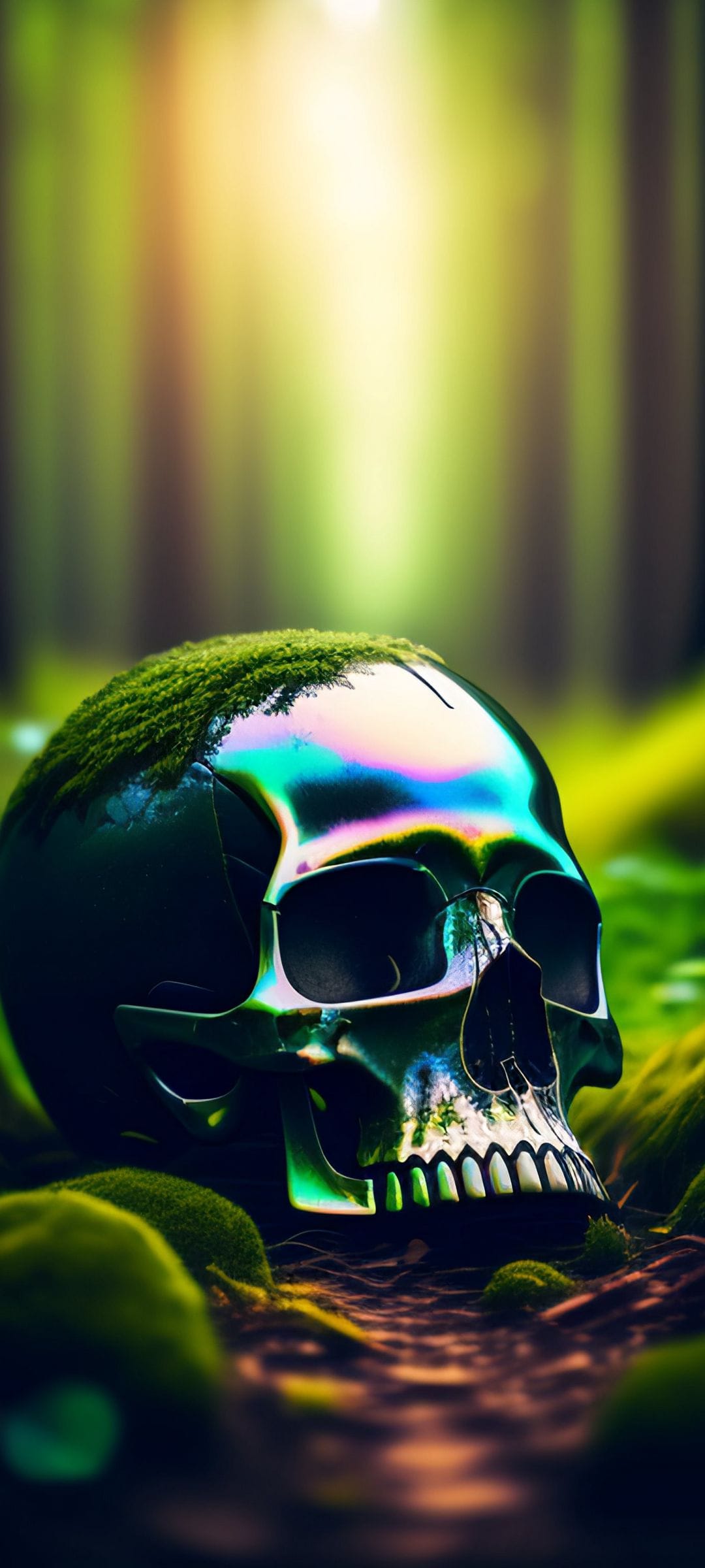 Iridescent skull with green moss sits on a woodland floor while golden sunlight filters through the trees.