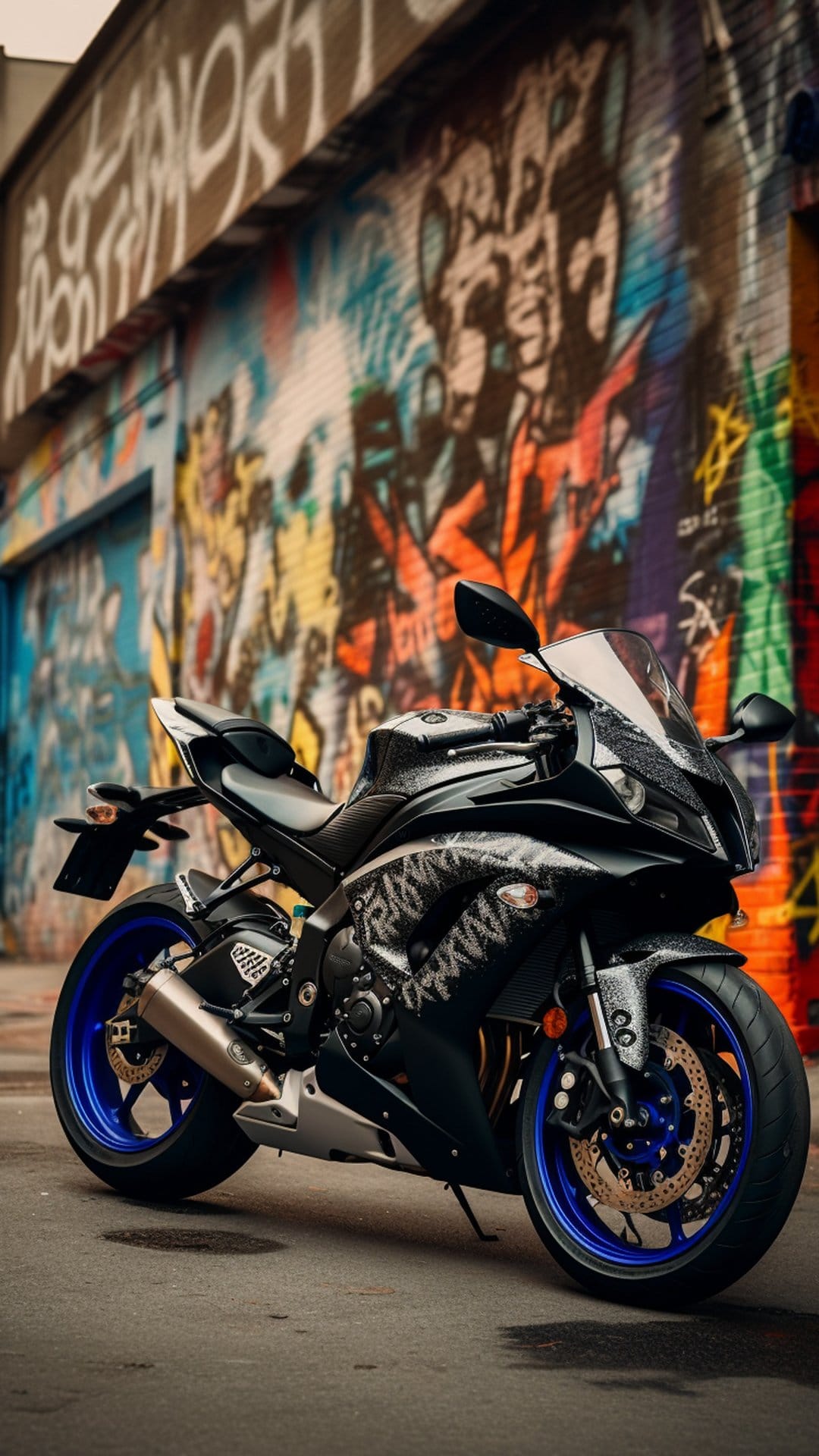 Yamaha R6 motorcycle with blue wheels parked on a street in front of a colorful graffiti wall mural.