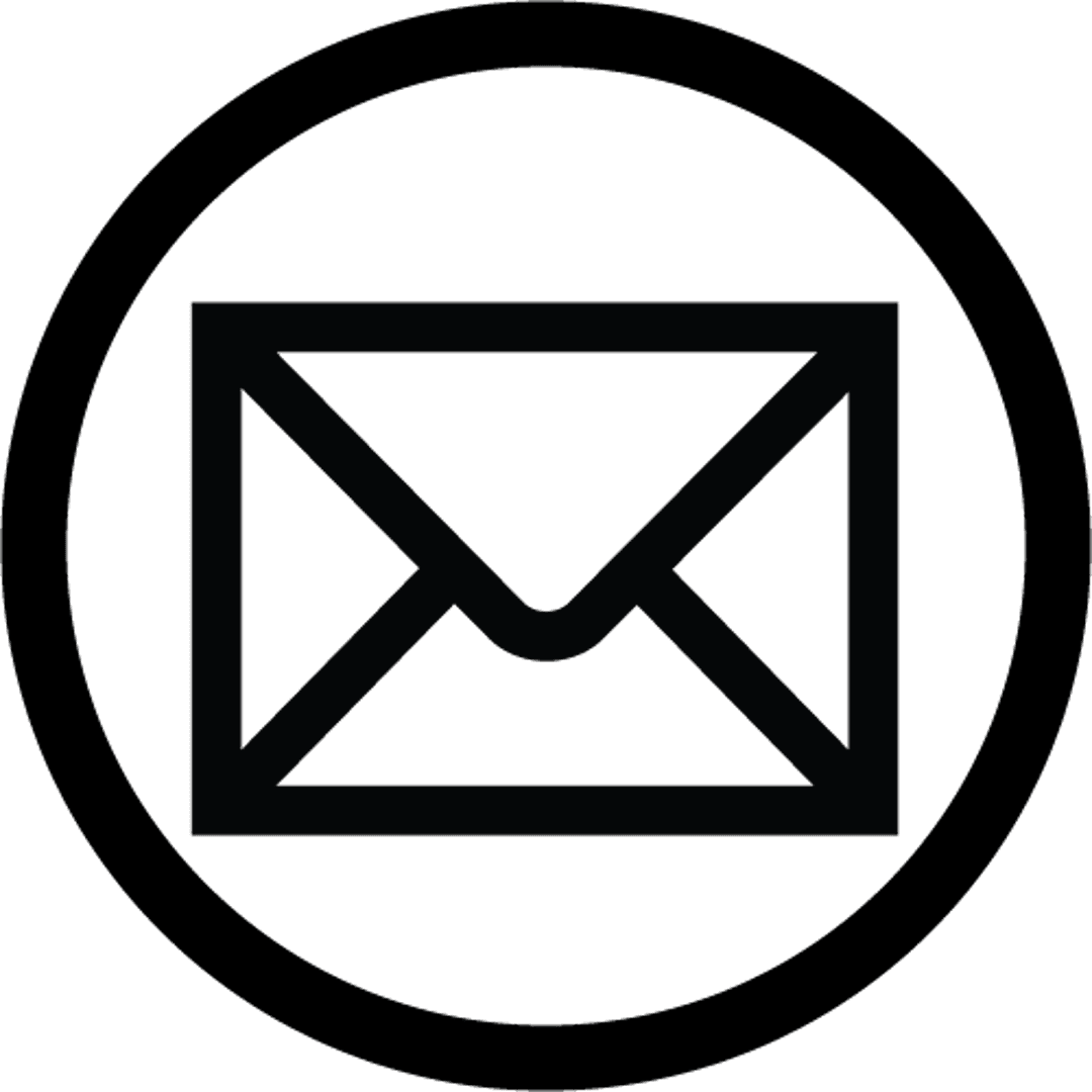 Black envelope email logo icon sits next to a mobile phone interface mockup with clean sans-serif text.