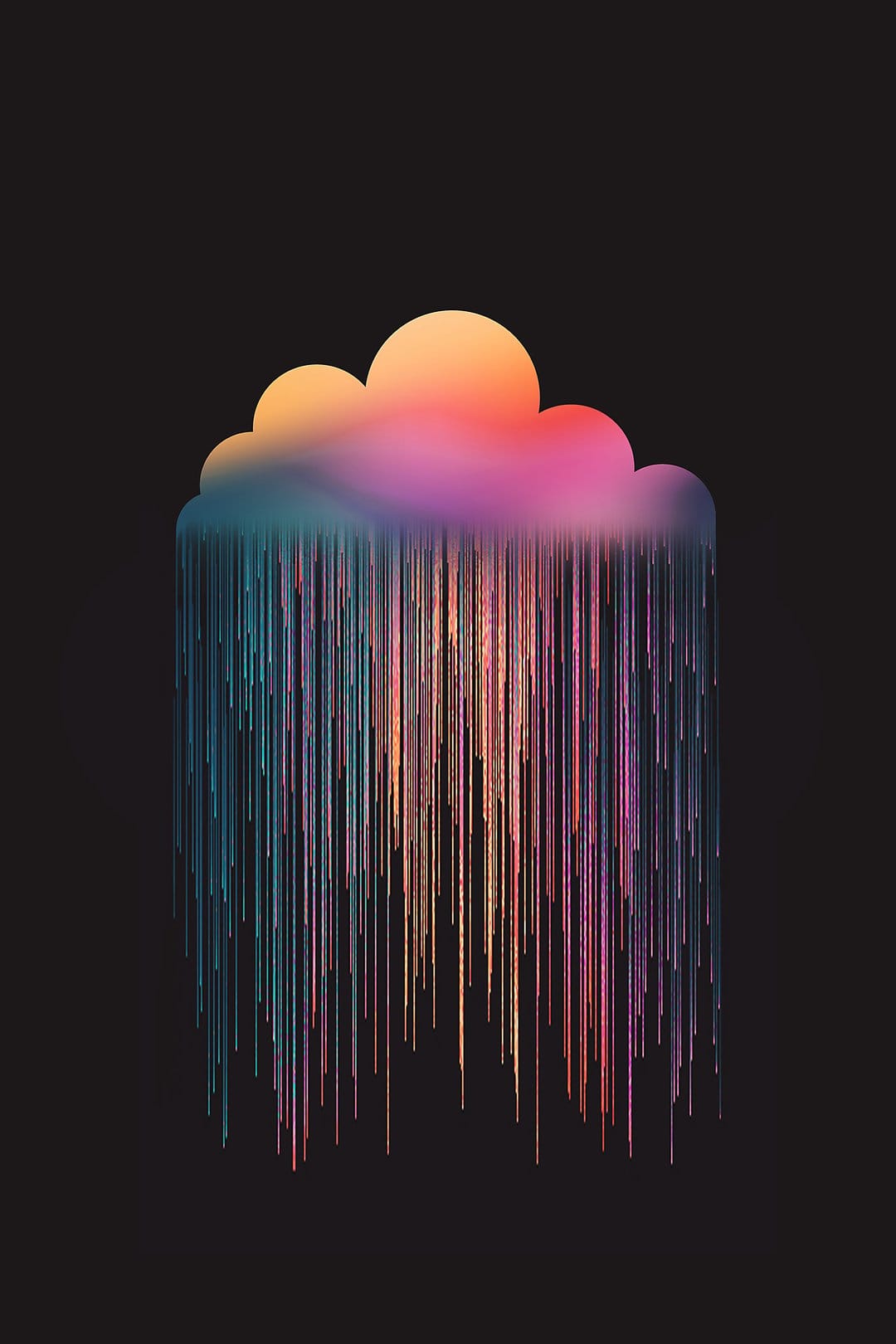 Multicolored cloud raining thin pink, teal, and yellow lines against a solid black background in a vertical frame.