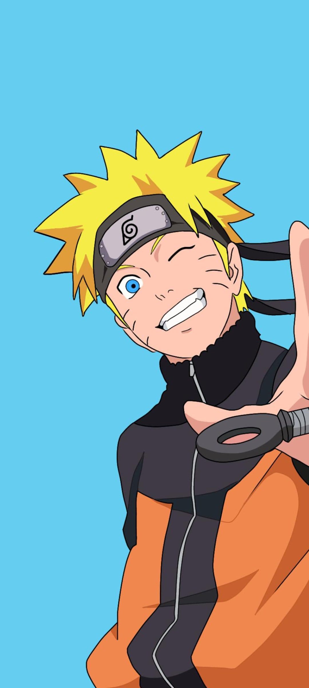 Naruto Uzumaki winks and holds a metallic shuriken against a solid blue backdrop in his orange ninja gear.