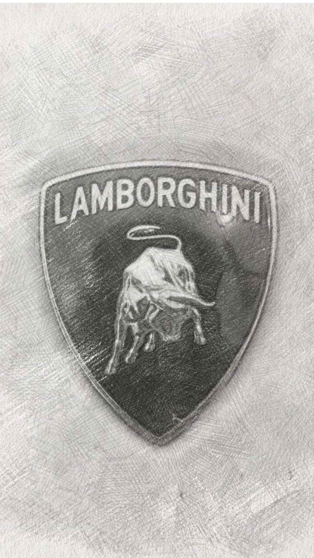 Charging bull emblem with Lamborghini lettering rendered in graphite pencil on textured off-white paper.