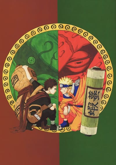 gaara,naruto,anime,ninja,symbol,confrontation,green,red,art