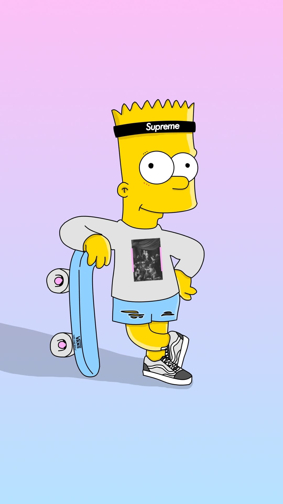 Bart Simpson wearing a red Supreme headband and Vans sneakers leans on a skateboard against a pastel background.