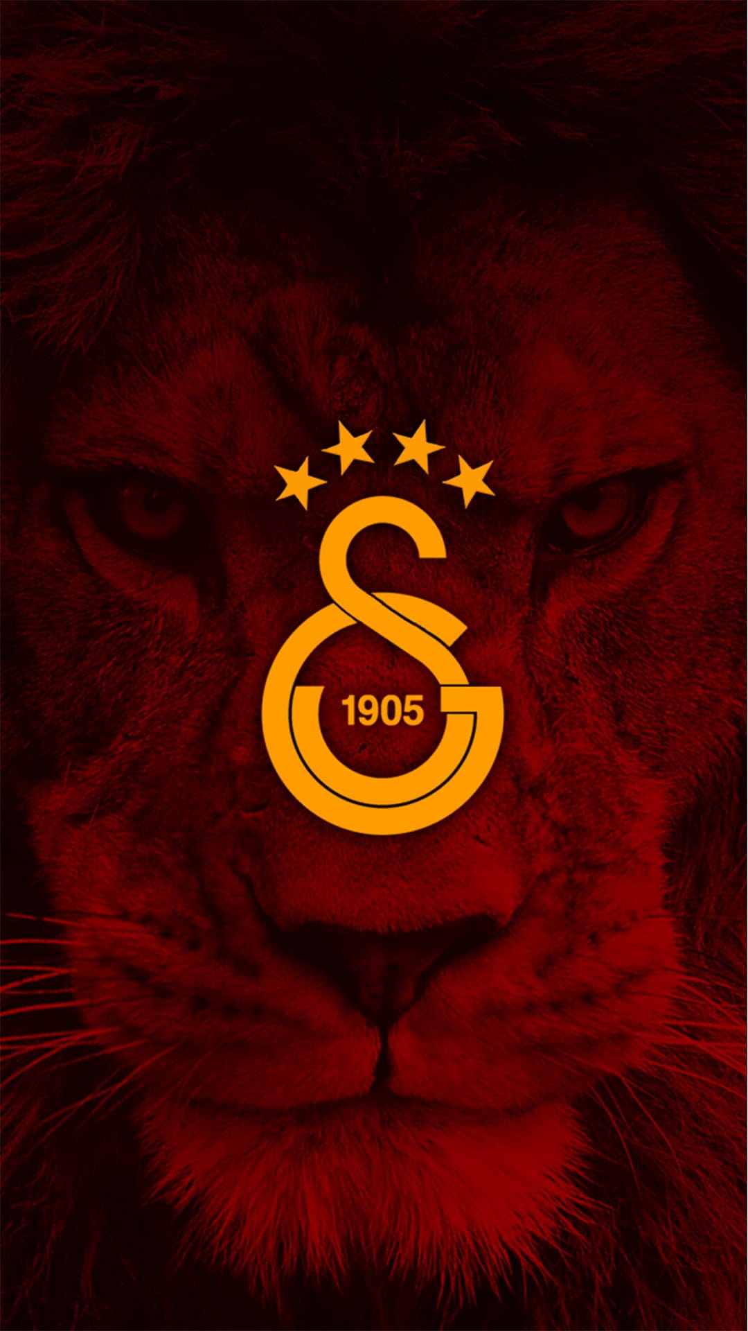 Galatasaray SK logo with four gold stars and 1905 text superimposed over a dark red lion face silhouette.