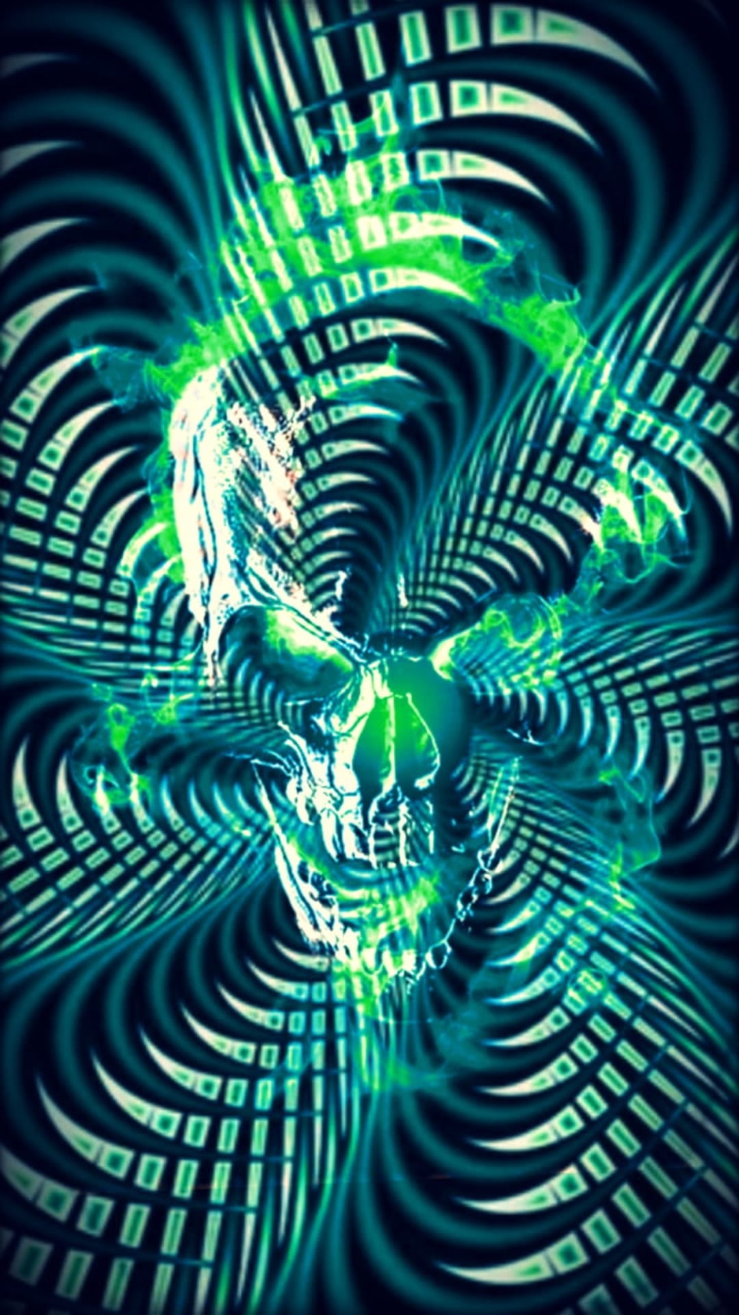 Human skull enveloped in green flames centered within a teal and white geometric vortex background.