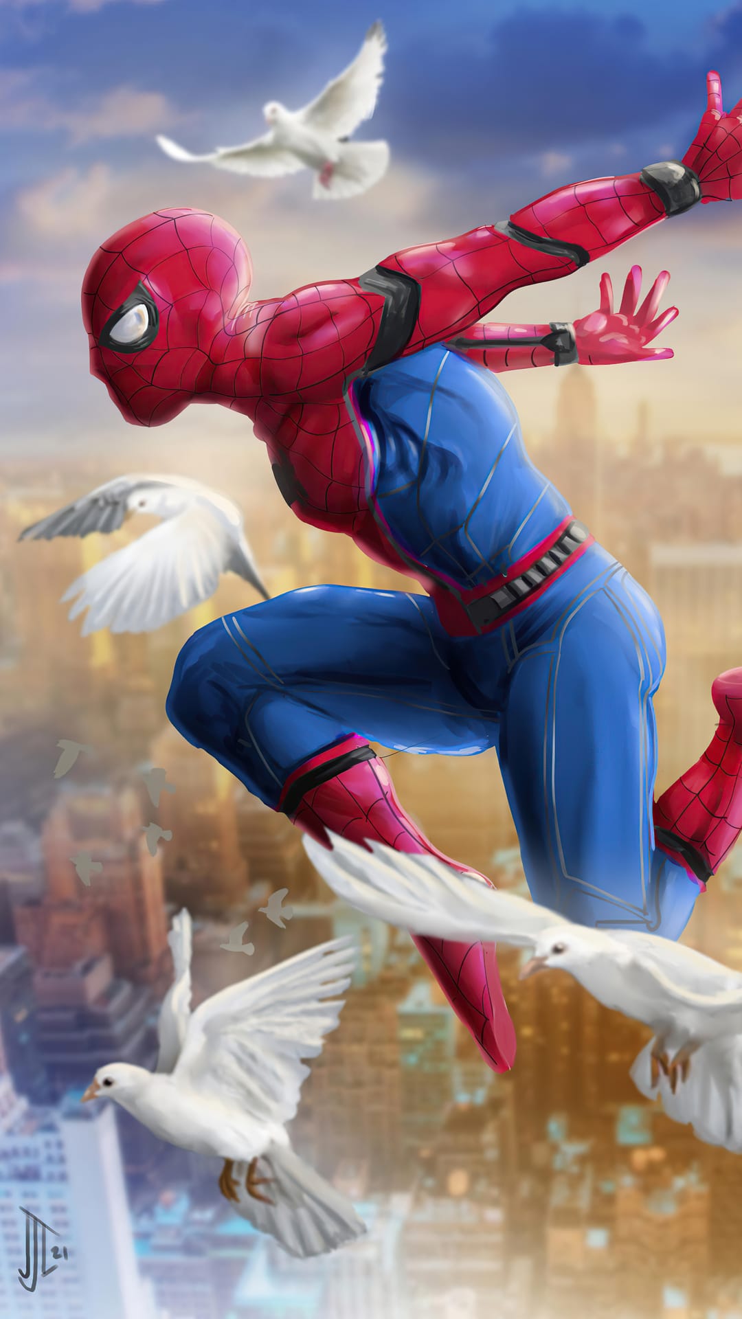 Spider-Man mid-leap through a golden hour skyline surrounded by white doves above a blurred city background.