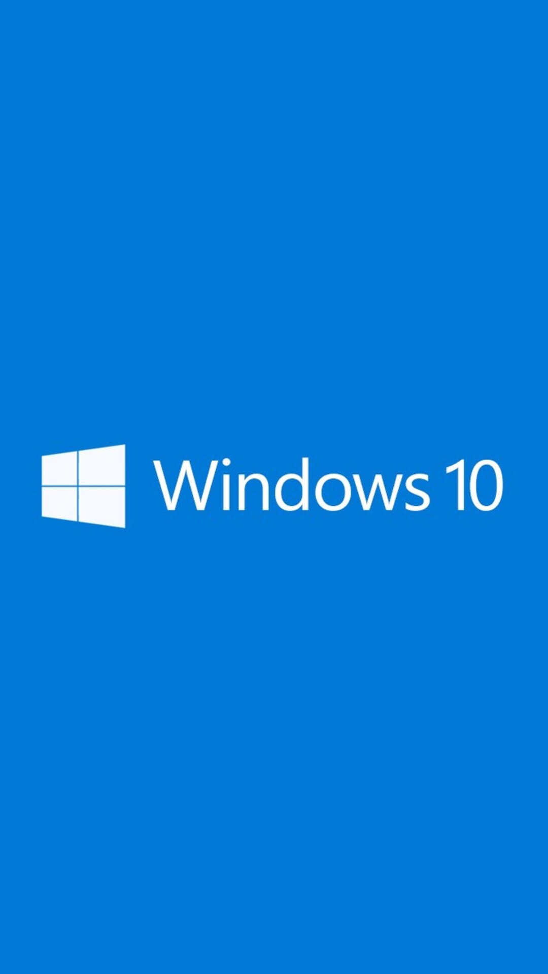White Windows 10 logo and text aligned horizontally on a solid, vibrant blue background for mobile devices.