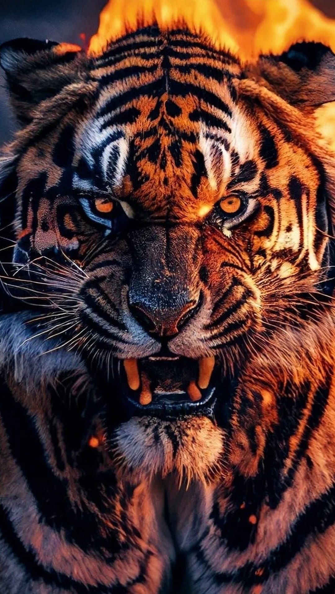 Tiger baring its teeth with a mane of orange flames and glowing eyes, viewed as a close-up portrait in the heat.