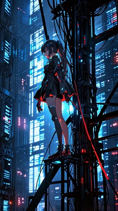 Cybernetic girl with a ponytail stands on a rooftop platform overlooking a glowing neon blue and red city at night.