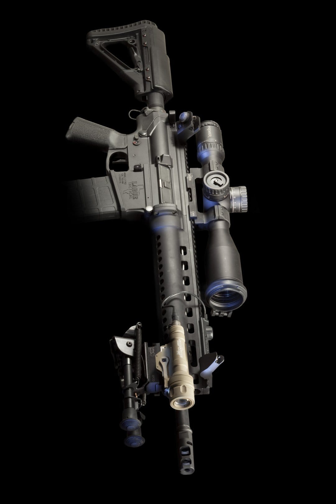 Black AR-15 rifle with a precision scope, tactical light, and bipod against a solid dark studio background.