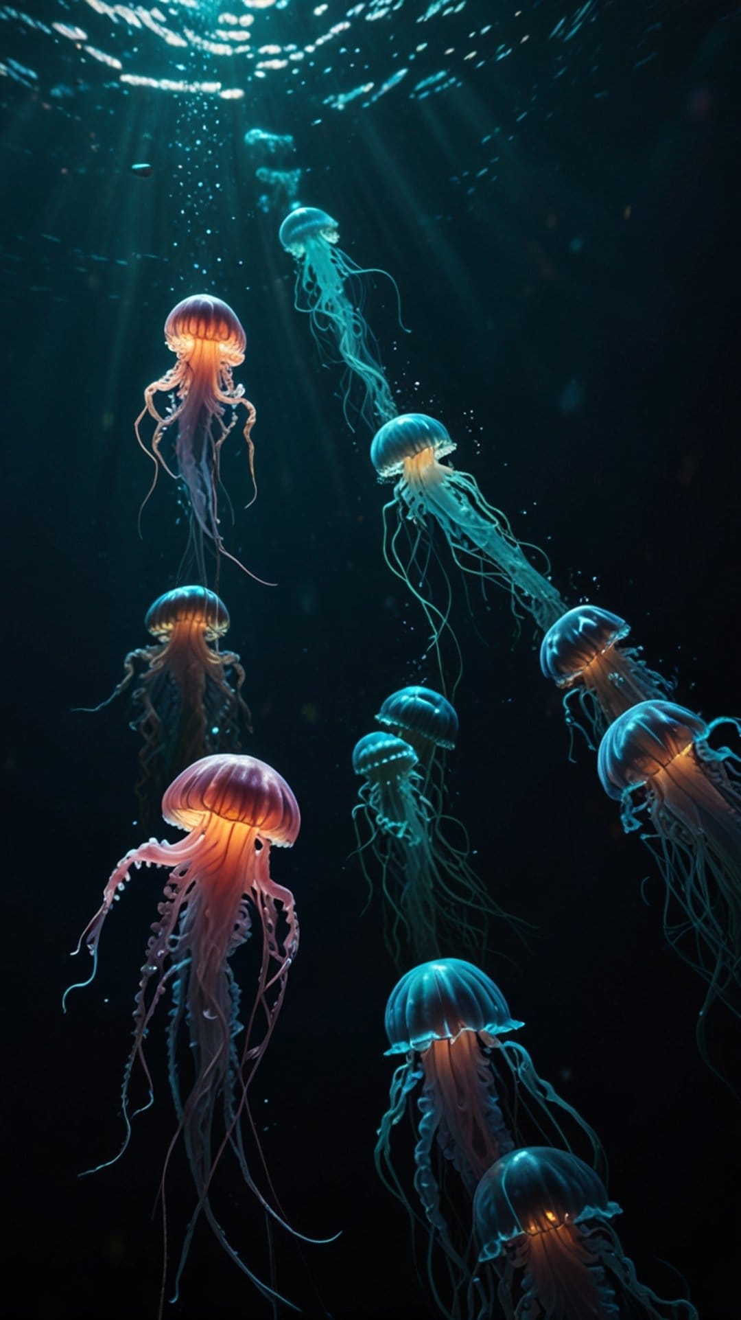 Bioluminescent pink and turquoise jellyfish float in dark ocean water with sunlight beams filtering from above.