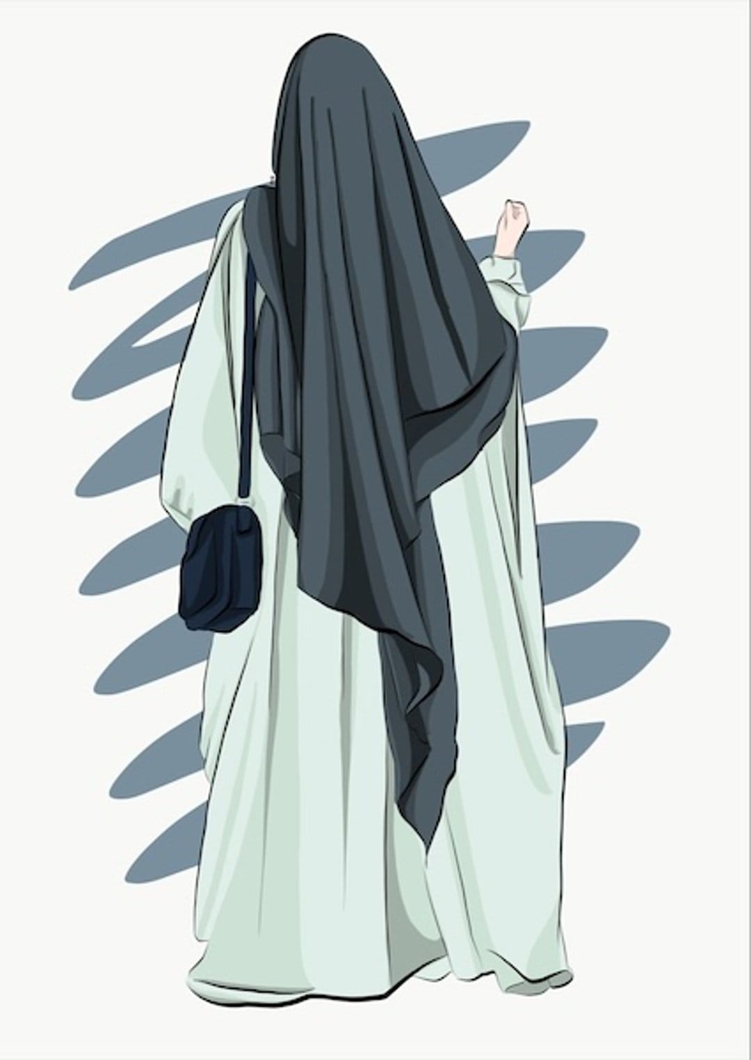 Woman wearing a light-colored abaya and dark hijab with a crossbody bag stands against abstract shadow shapes.