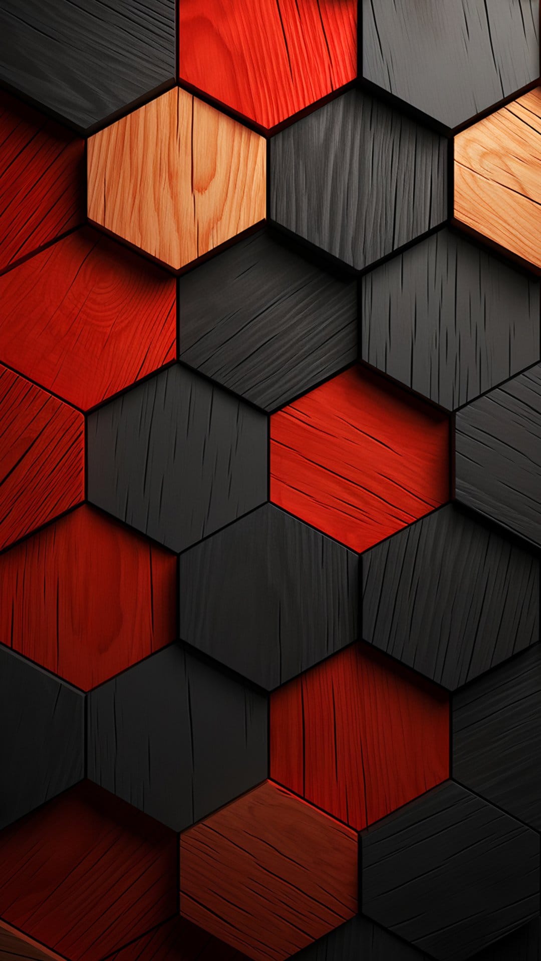 Hexagonal wooden tiles in red, black, and amber wood grain finishes form a seamless geometric 3D pattern.