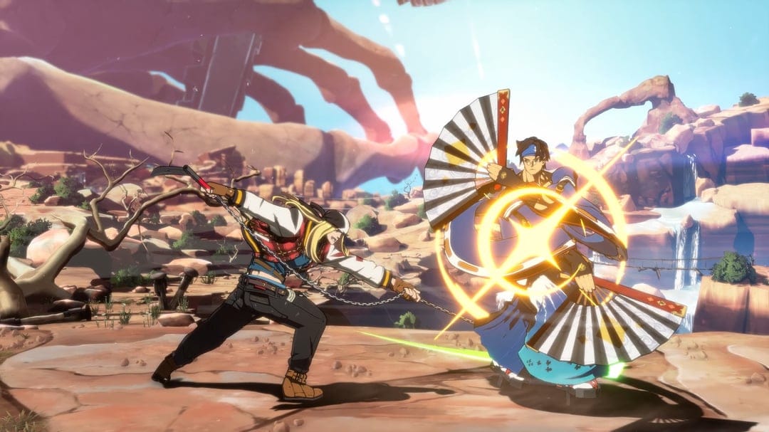 Axl Low attacks Anji Mito with chain sickles amidst glowing yellow energy in a desert canyon landscape.