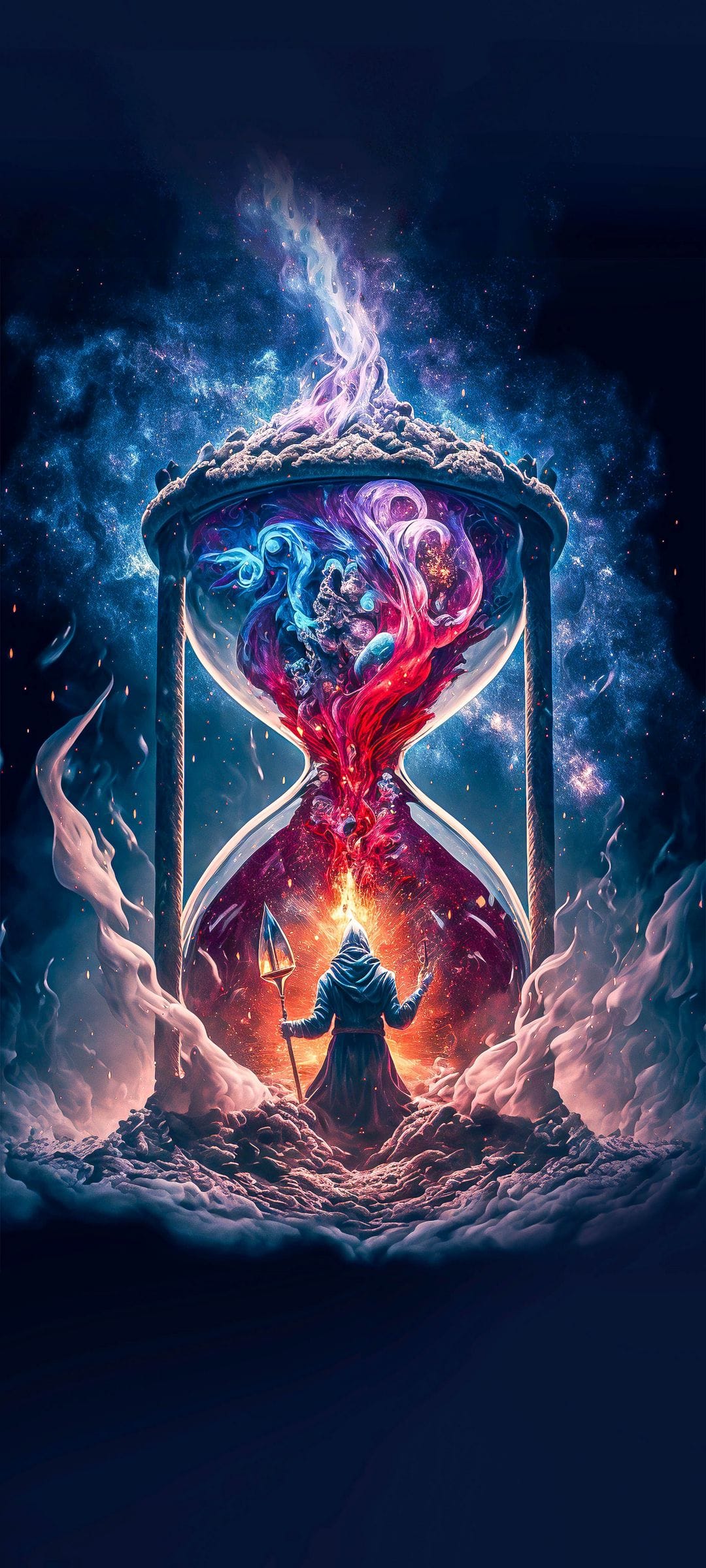 Hooded wizard stands before a massive glowing hourglass filled with swirling red and blue cosmic nebulae energy.