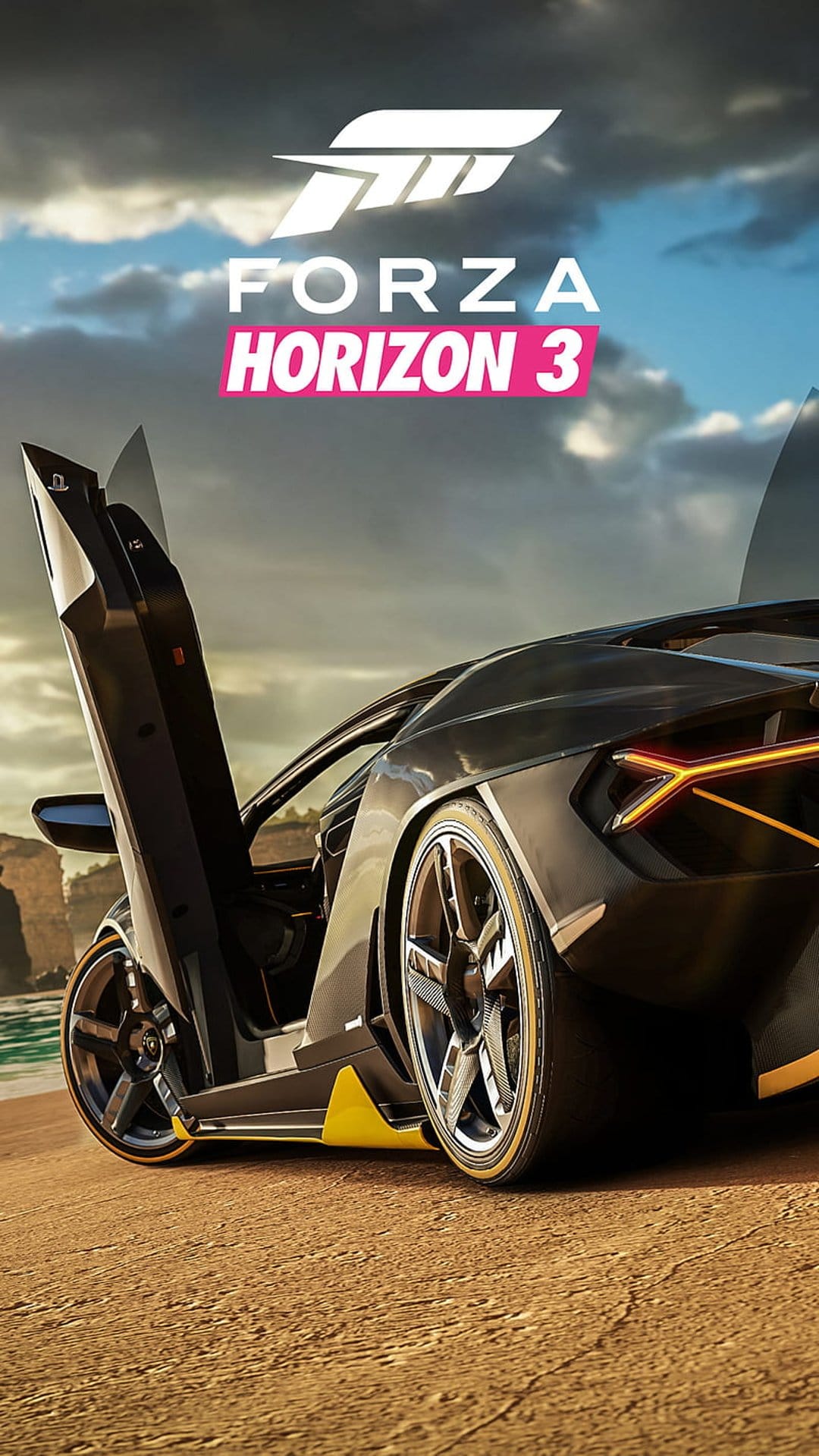 Black supercar with open scissor doors parked on a sandy beach under a dramatic, cloudy blue and gray sky.