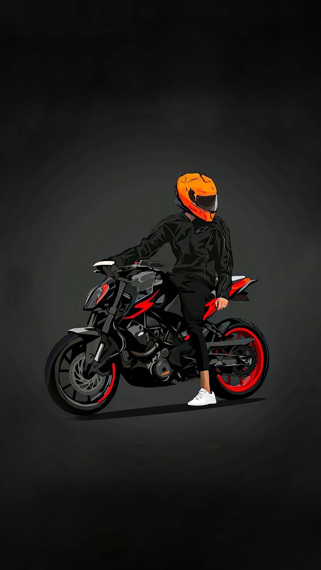 Biker in an orange helmet and black jacket sits on a sleek orange sportbike against a dark textured background.