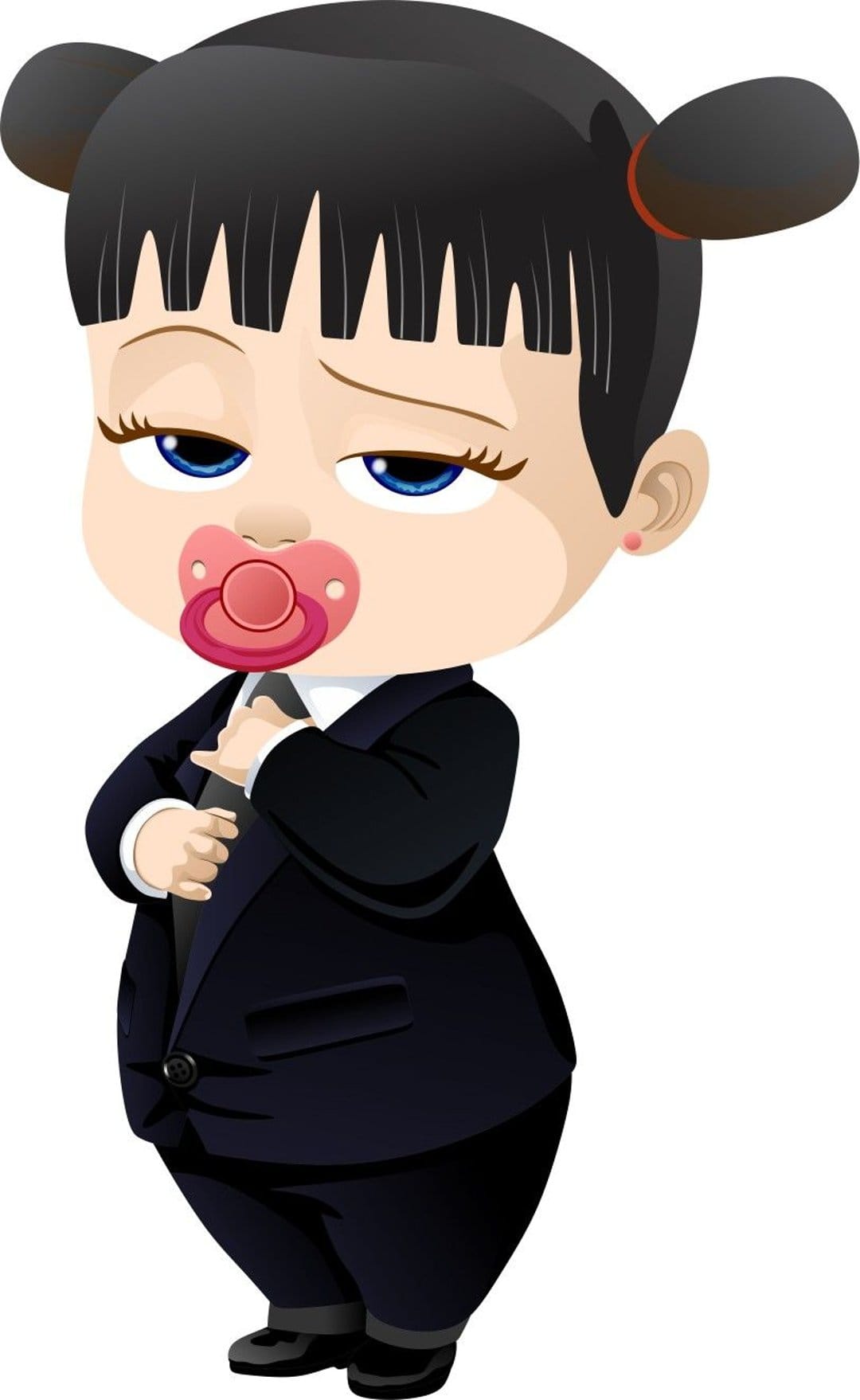 Toddler girl in a black business suit and pink pacifier stands confidently against a solid white background.