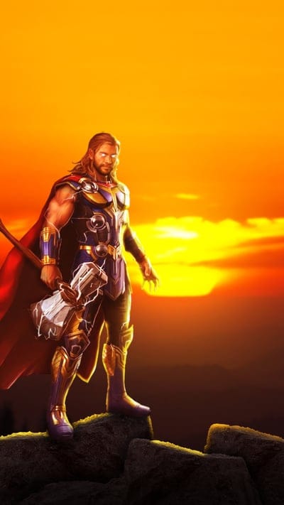 Thor, Marvel, Superhero, Mjolnir, Sunset, Avenger, God of Thunder, Comic Art, Digital Painting, Heroic, Power, Asgard, Fantasy, Strong, Marvel Cinematic Universe, Action, Epic, Golden Hour, Mythological, Character