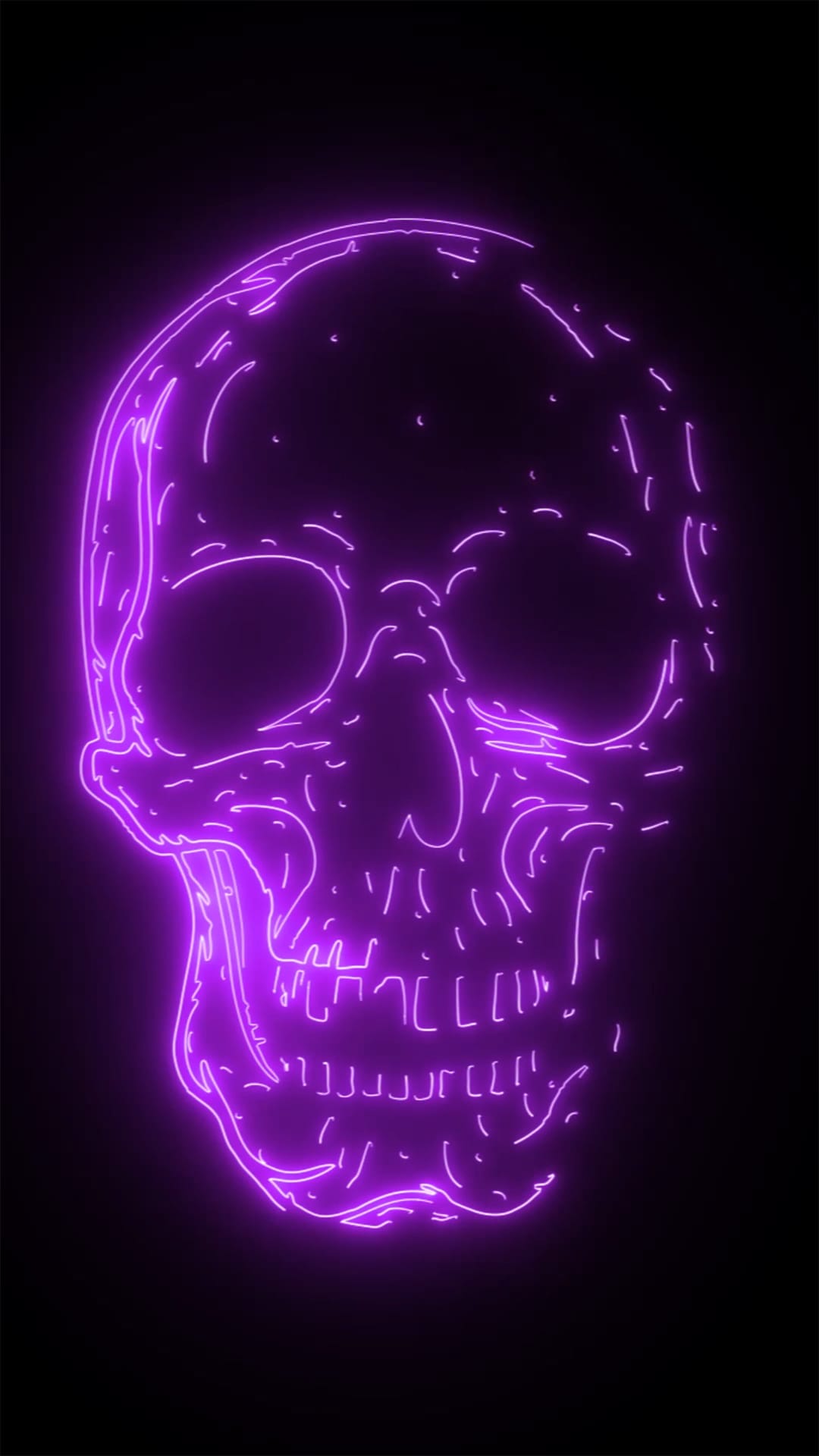Purple neon skull with glowing violet outlines against a solid black background for a minimalist look.