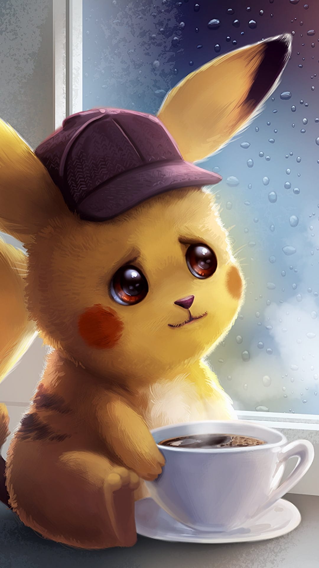 Pikachu wearing a purple cap holds a steaming coffee mug while looking out a rainy window with water droplets.