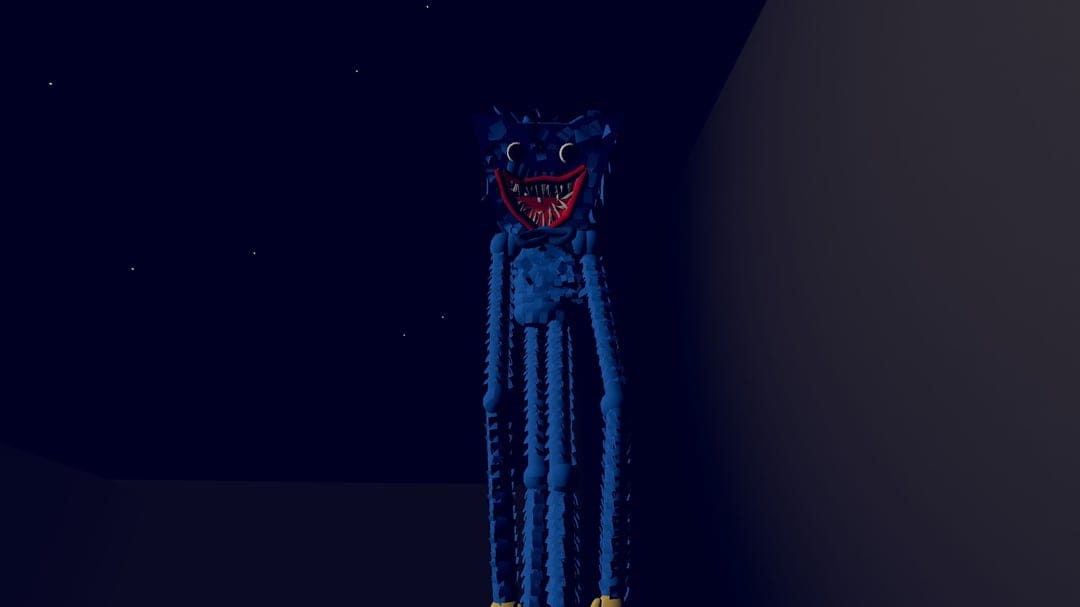 Tall blue furry monster with a wide red toothy smile stands against a dark starry sky in a digital art style.