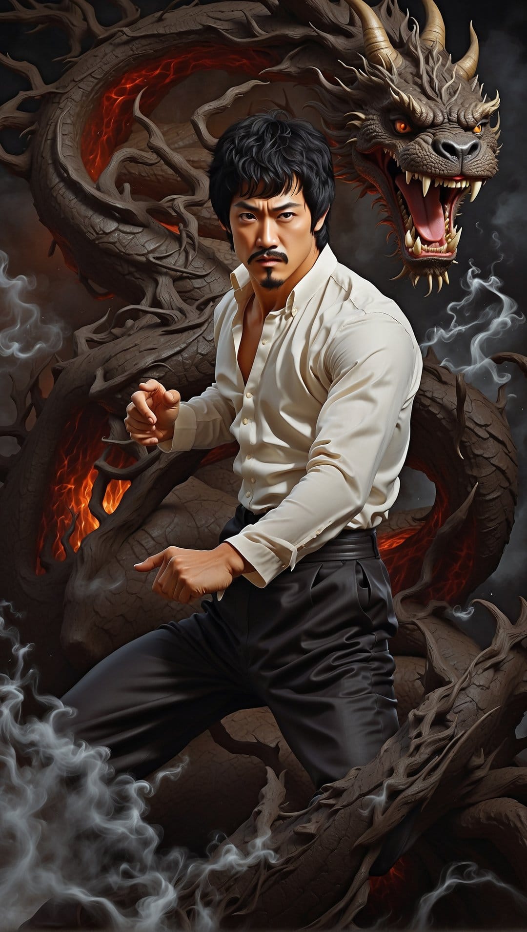 Bruce Lee in a martial arts pose with a fierce dragon coiling behind him amidst swirling golden energy and fire.