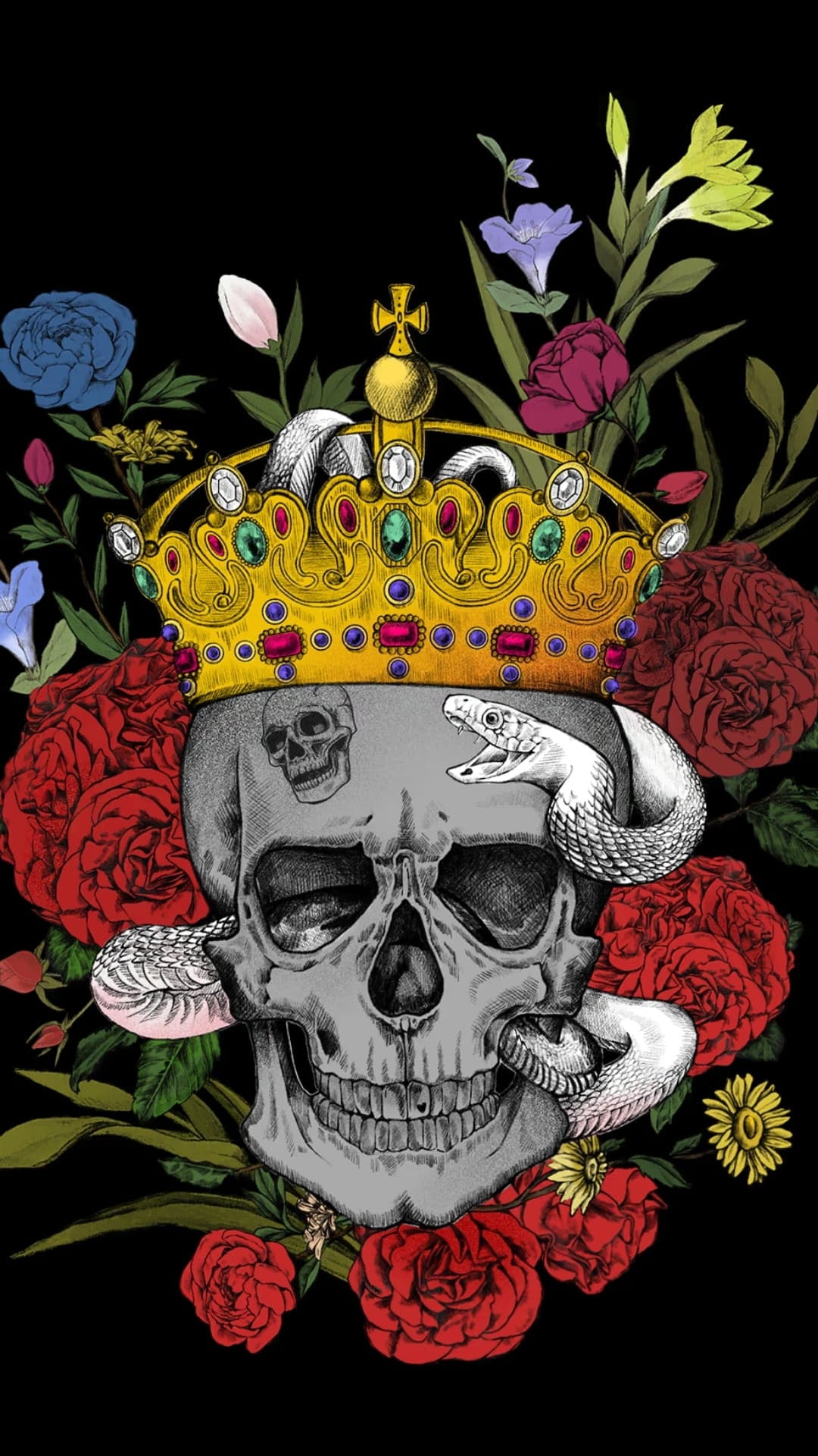 Human skull with a royal crown and coiled snake amidst red roses and wildflowers against a black backdrop.