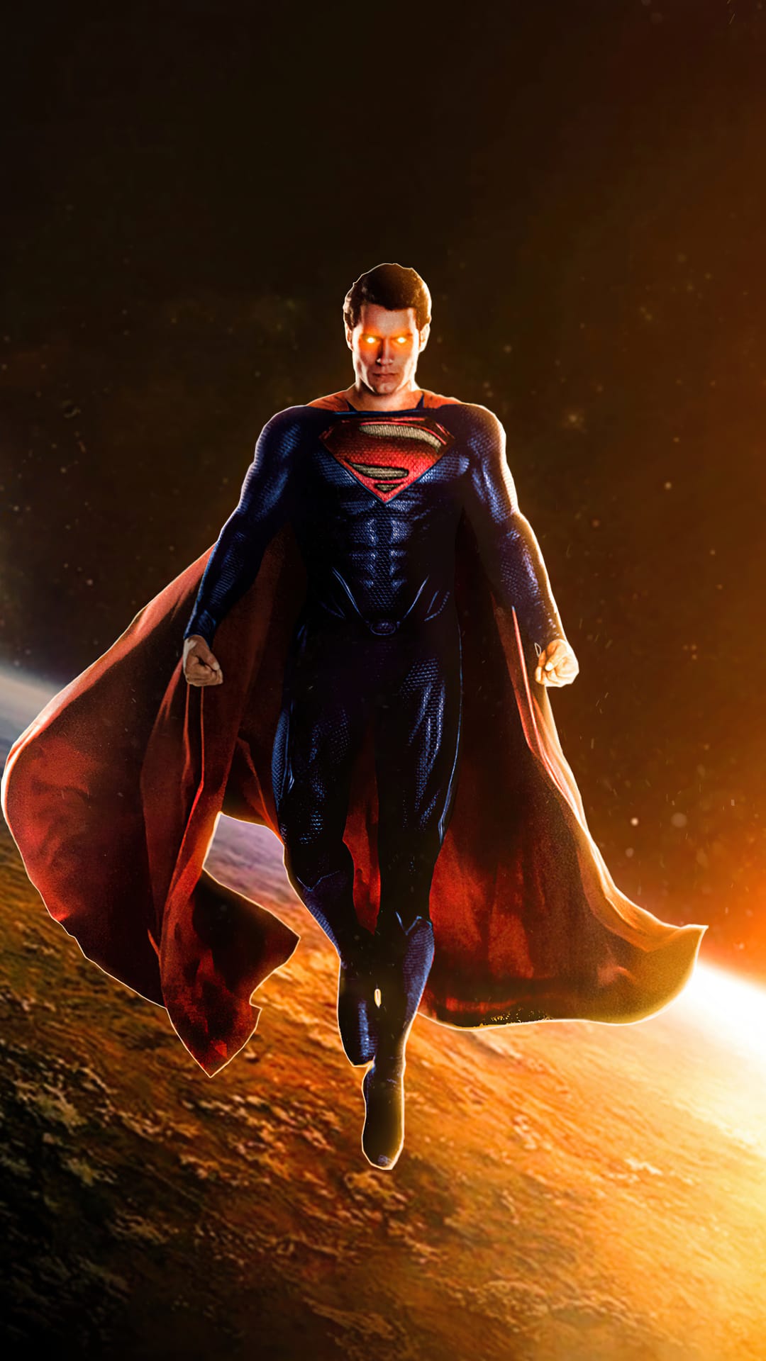 Superman with glowing red eyes and a flowing cape flies above a textured golden planet in deep space.
