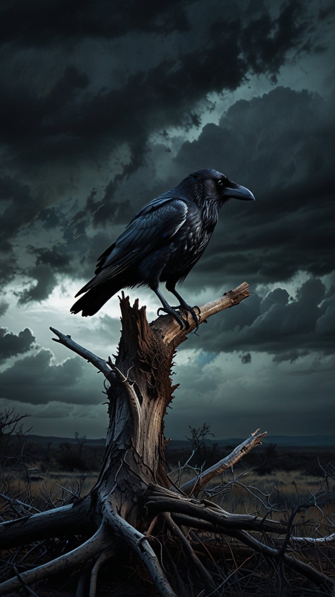 Black raven perched on a broken tree limb under a dark, stormy sky with heavy charcoal clouds in a moody setting.