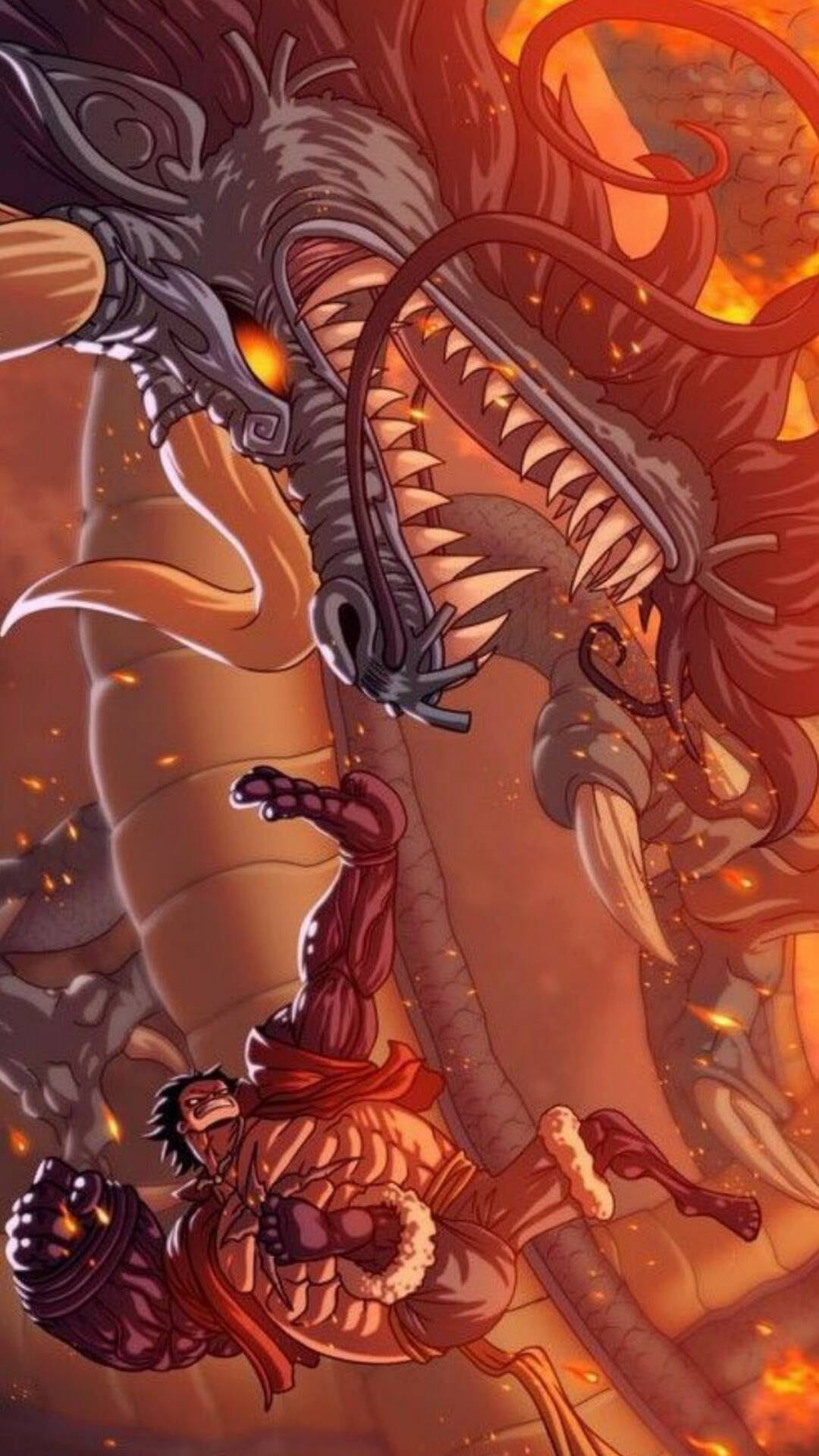 Monkey D. Luffy in Gear 5 strikes the massive blue dragon Kaido amidst swirling flames and lightning.