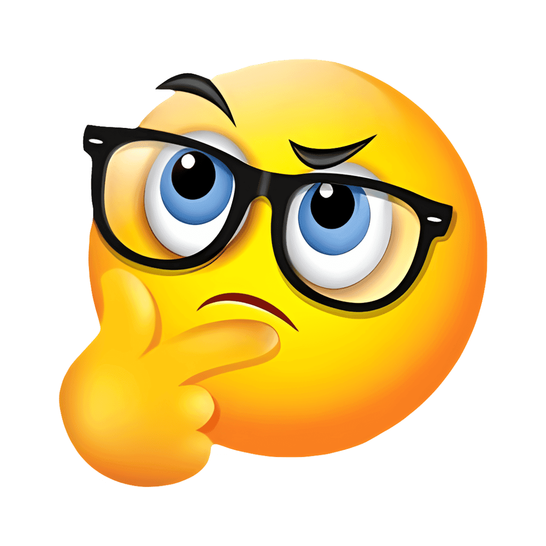 Thinking emoji with glasses shows a yellow spherical face with a hand on the chin and black frame eyewear.