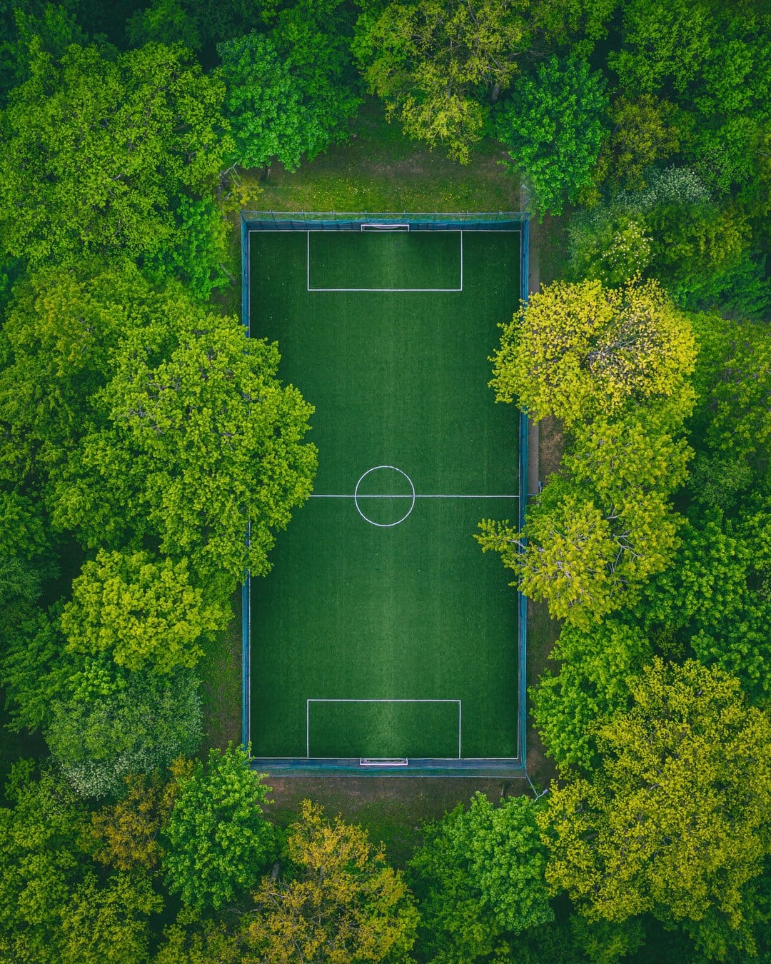 Soccer field with white boundary lines surrounded by a dense green forest canopy from a high aerial perspective.