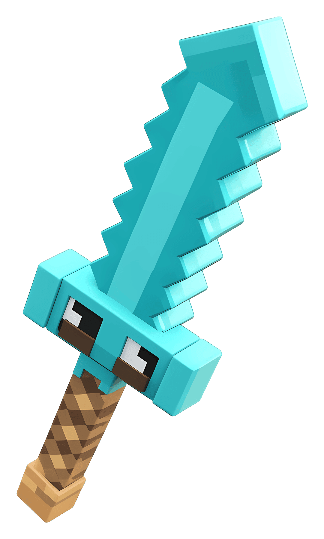 Pixel diamond sword weapon featuring cyan-blue blade and brown hilt angled against a transparent background.