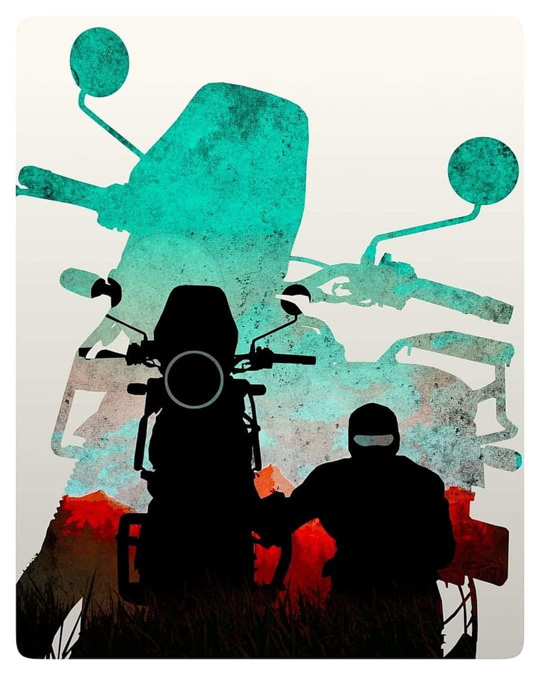 Motorcycle rider standing by a bike silhouette with red and teal abstract textures on a dark vertical background.