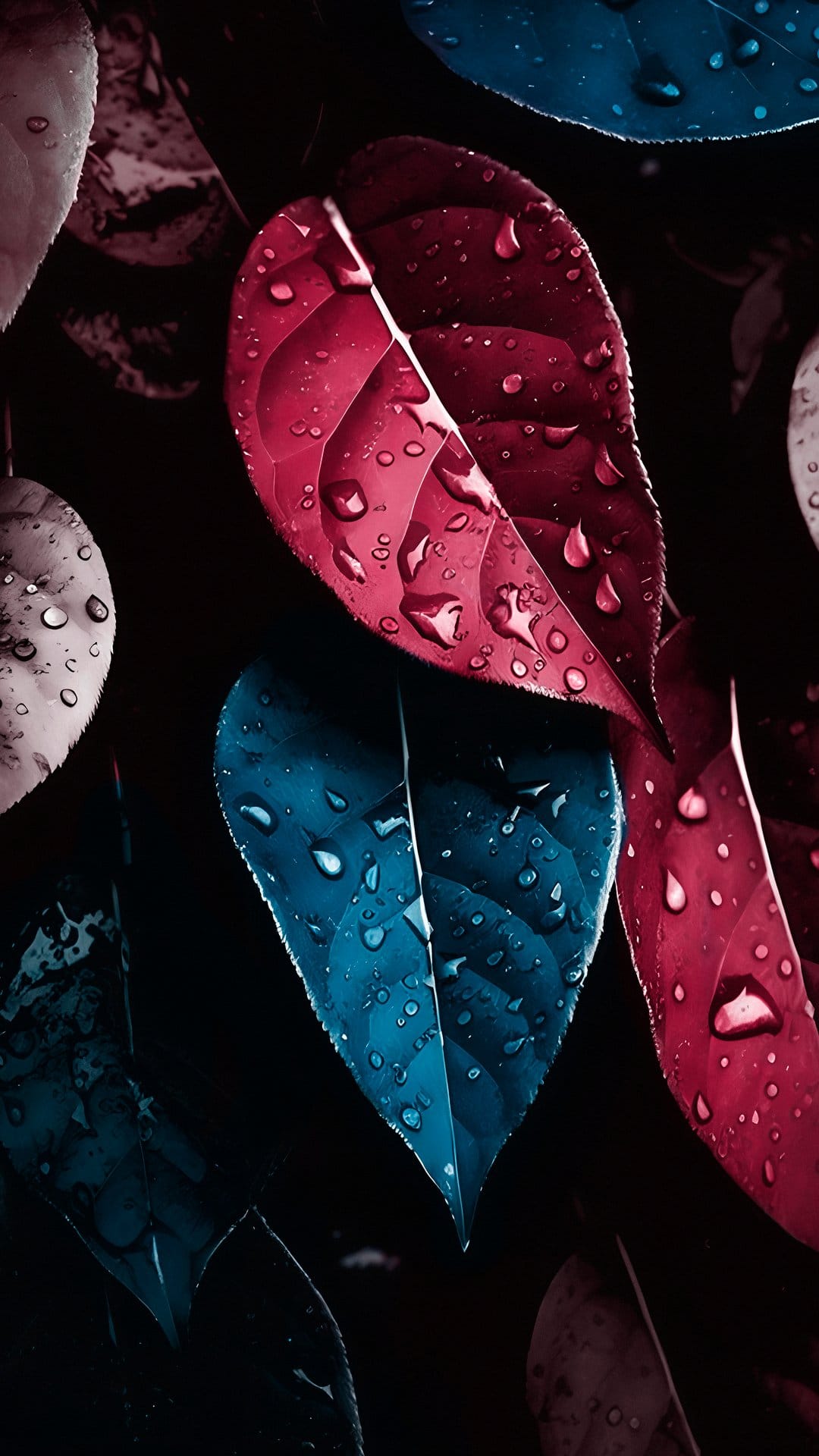 Crystal clear water droplets cling to red and blue leaf veins against a dark and moody botanical background.