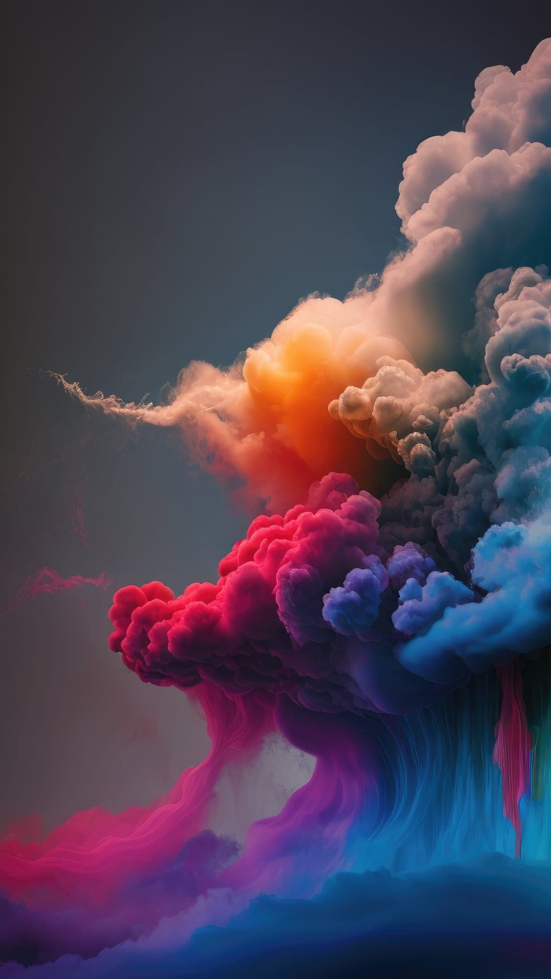 Swirling neon pink and blue smoke plumes contrast against a dark background in a vertical fluid composition.