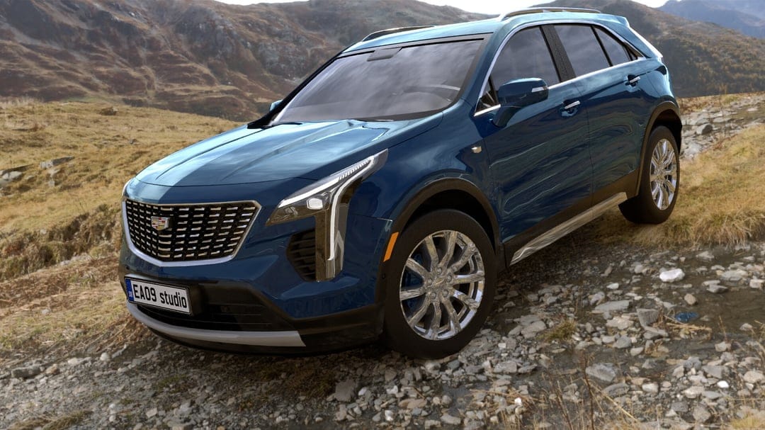 Blue luxury SUV parked on a rocky mountain path with a scenic background of hills and clouds under daylight.