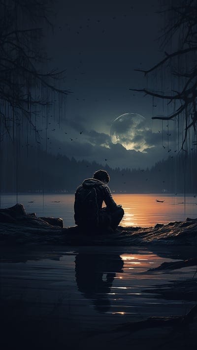 guy,alone,lake,moon,sadness,art,night