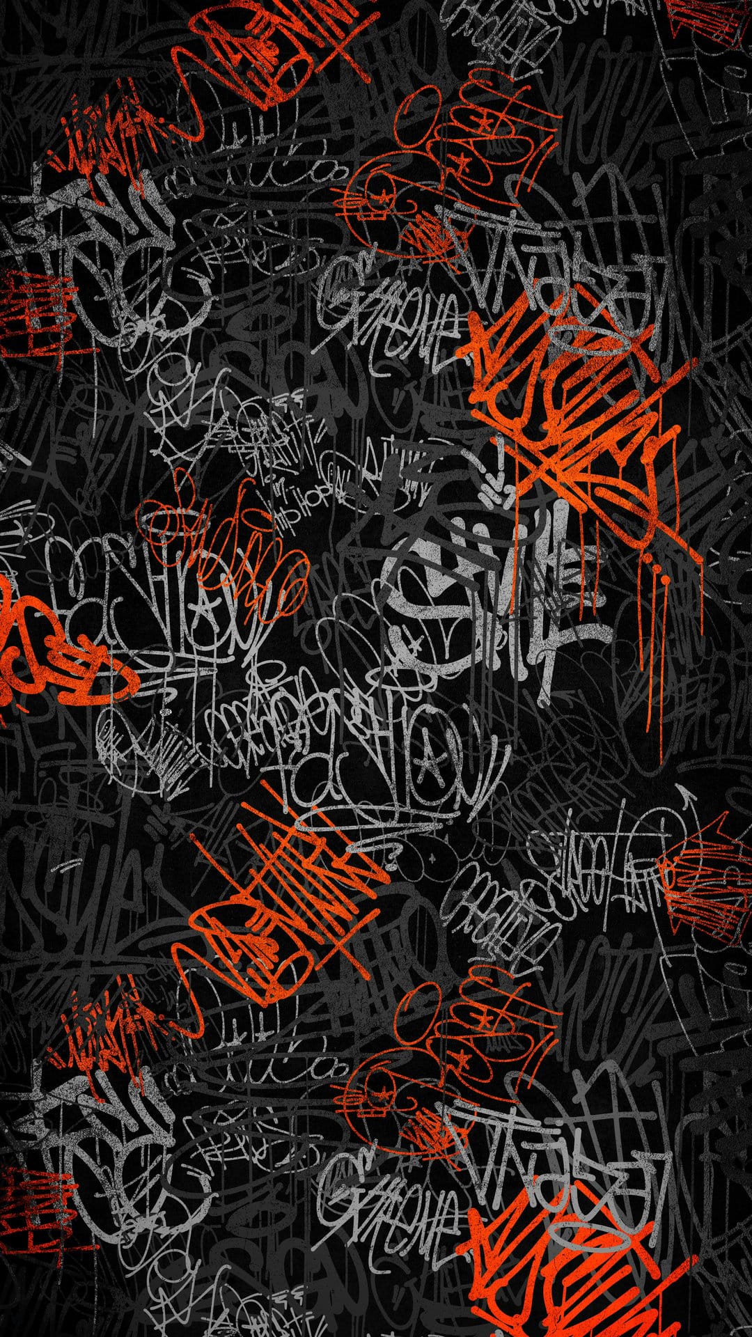 Overlapping black and white graffiti tags contrast with vibrant orange paint splashes on a textured surface.