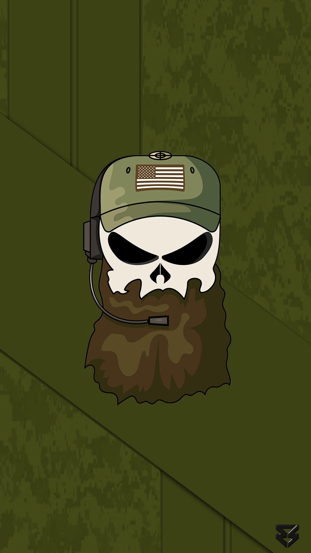 Bearded skull wearing a tactical cap and headset with a microphone against a green camouflage background.