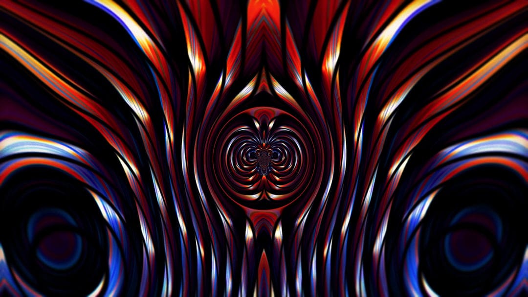 Symmetrical swirls of red, blue, and white fluid paint spiral inward against a black backdrop in a vortex shape.