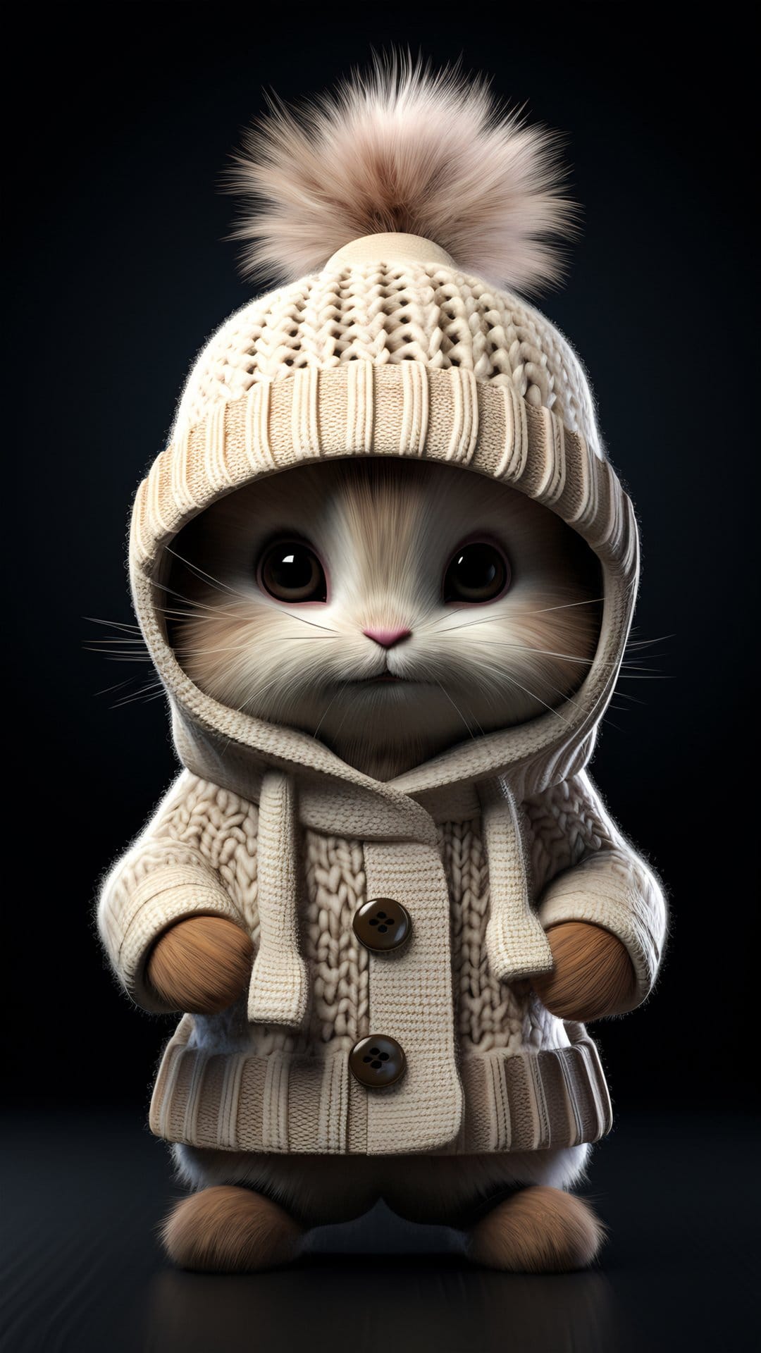Fluffy light brown kitten wearing a knitted beanie and buttoned cardigan against a dark, shadowy background.
