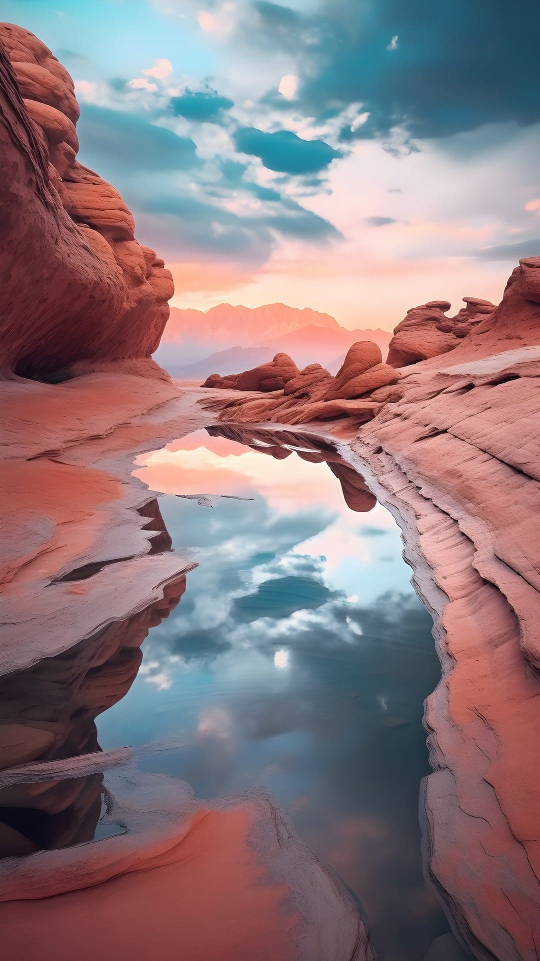 Red rock canyon walls reflect in a still desert pool under a vibrant orange and purple sunset sky at twilight.