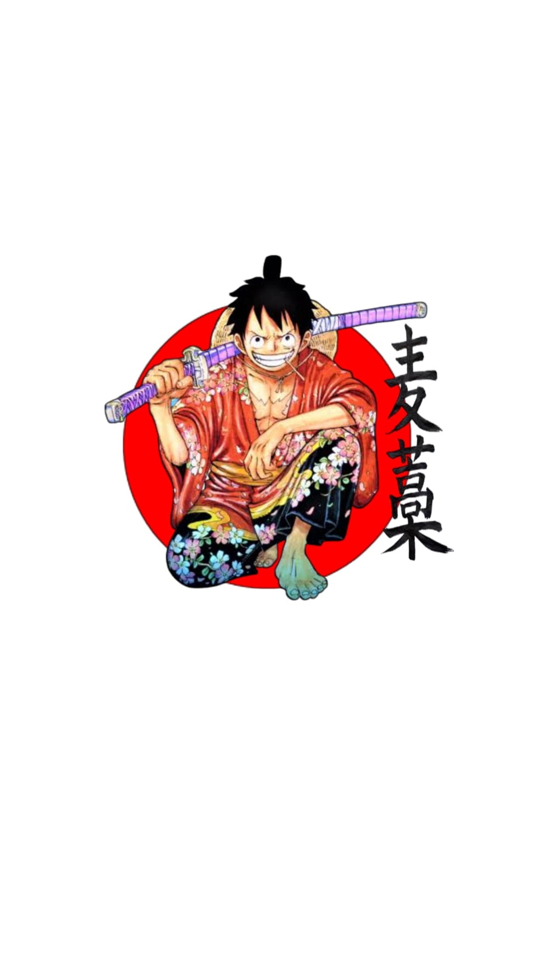 Monkey D. Luffy crouches with a purple katana over his shoulders in front of a large red circle and calligraphy.