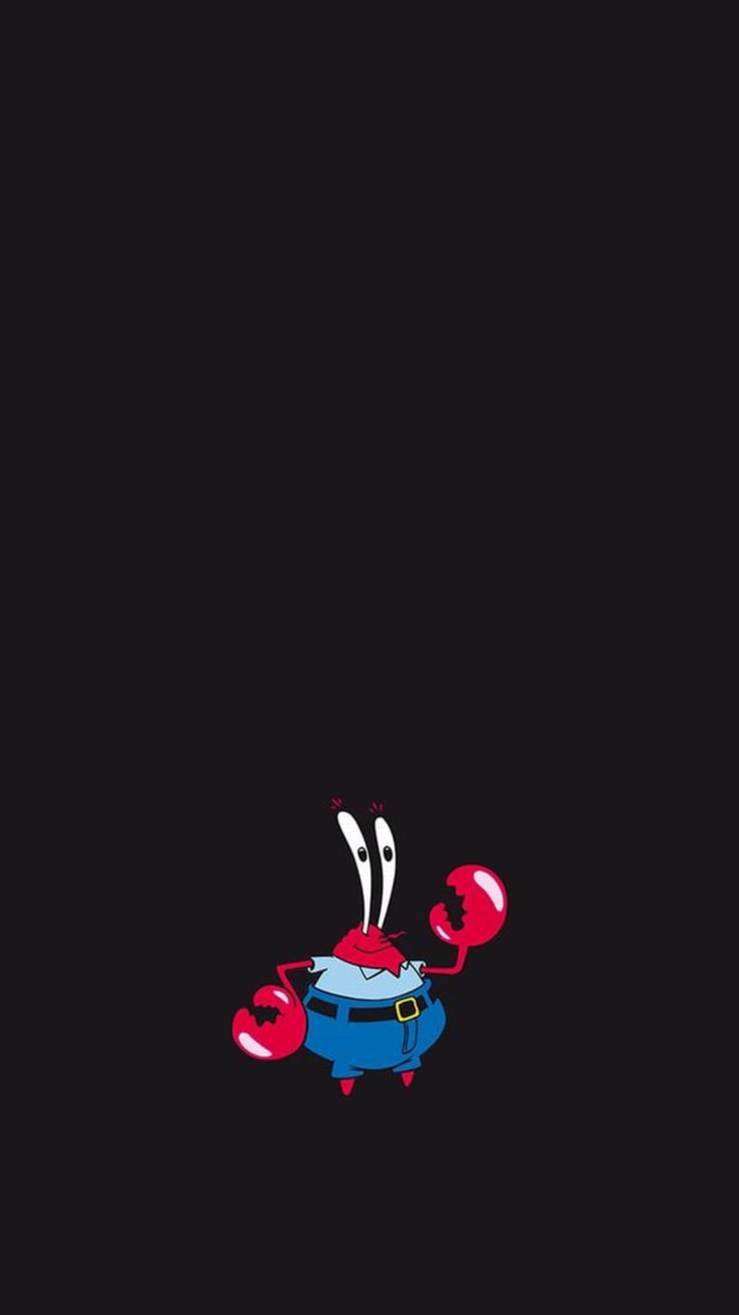 Mr. Krabs stands with raised claws wearing blue pants and a white shirt against a solid black background.
