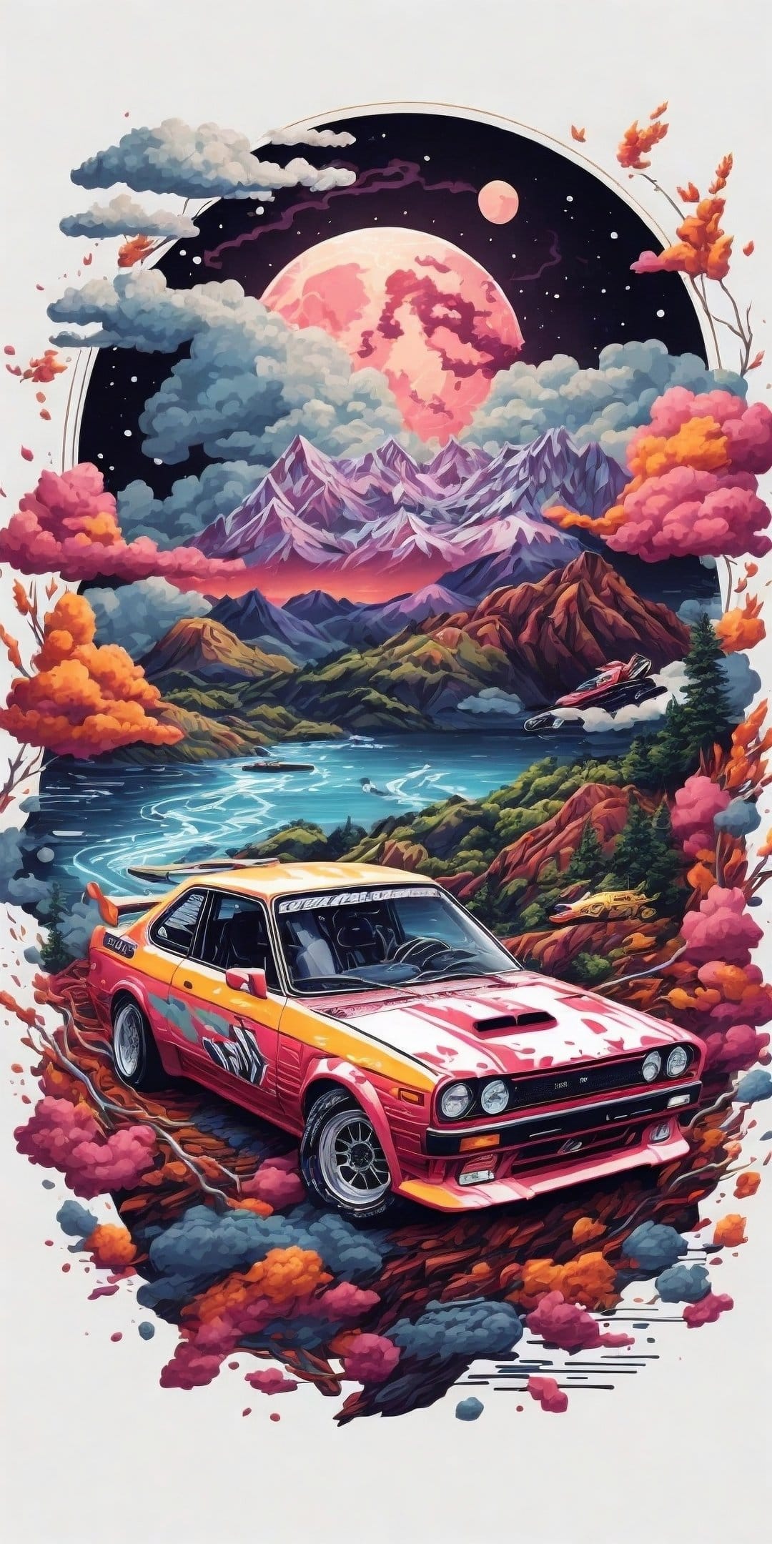 Pink retro race car parked on a rocky ledge beneath a giant pink moon and swirling cosmic nebulae.